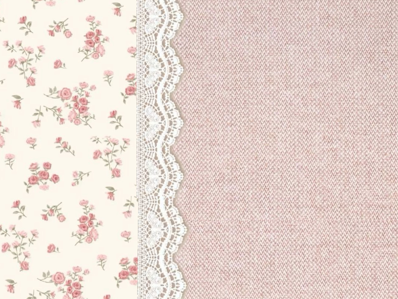 Soft pink floral fabric divided by a white lace trim