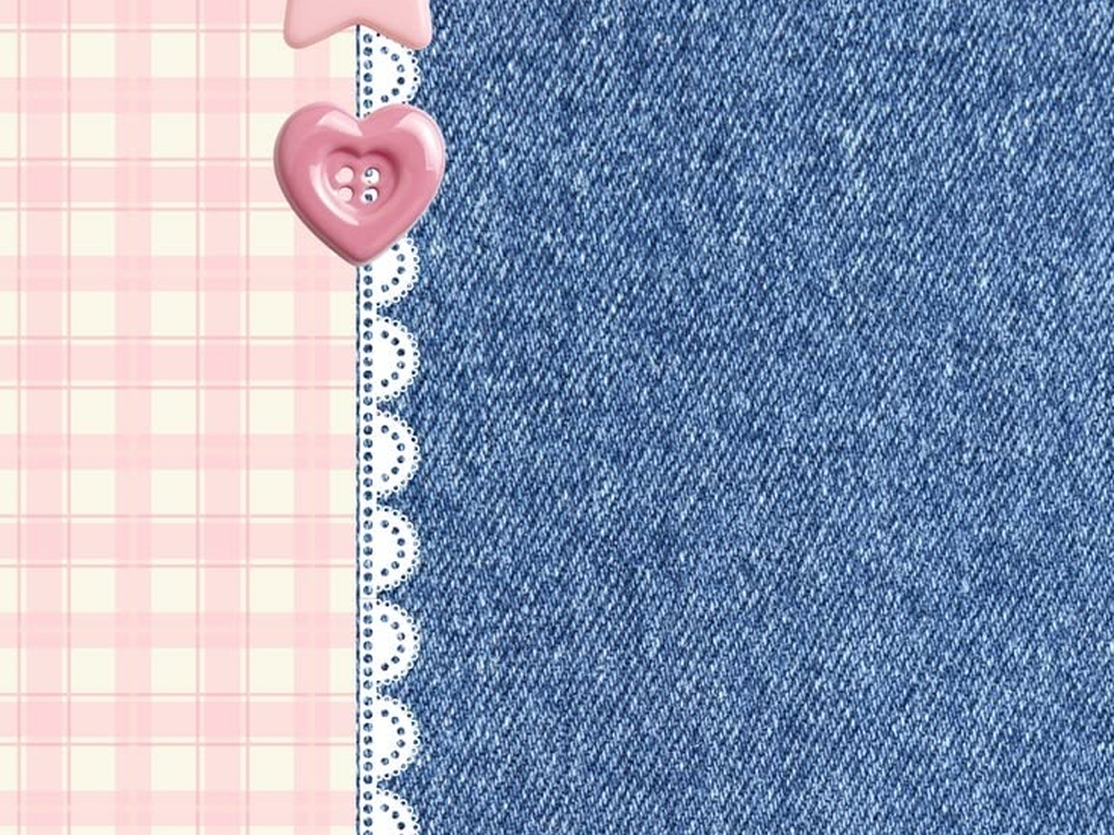 Pink plaid and blue denim textures with lace, star, and heart details