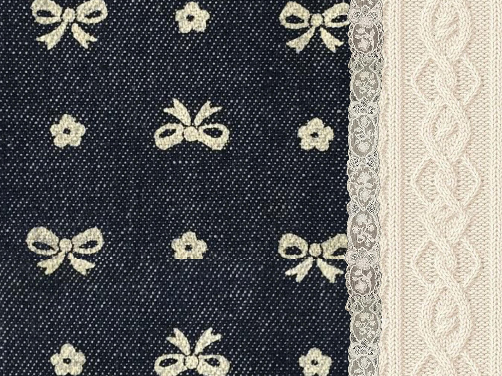 Dark fabric with cream bows beside lace and a knitted cream texture